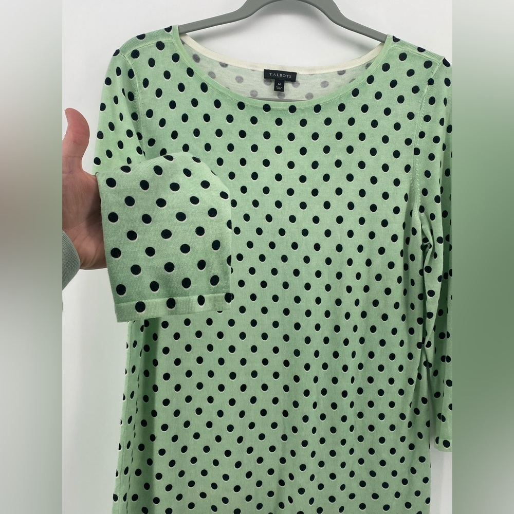 Talbots Womens Sweater Mint Green Polka Dot 3/4 Sleeve Round Neck‎ Pullover Sz M - Picture 2 of 7